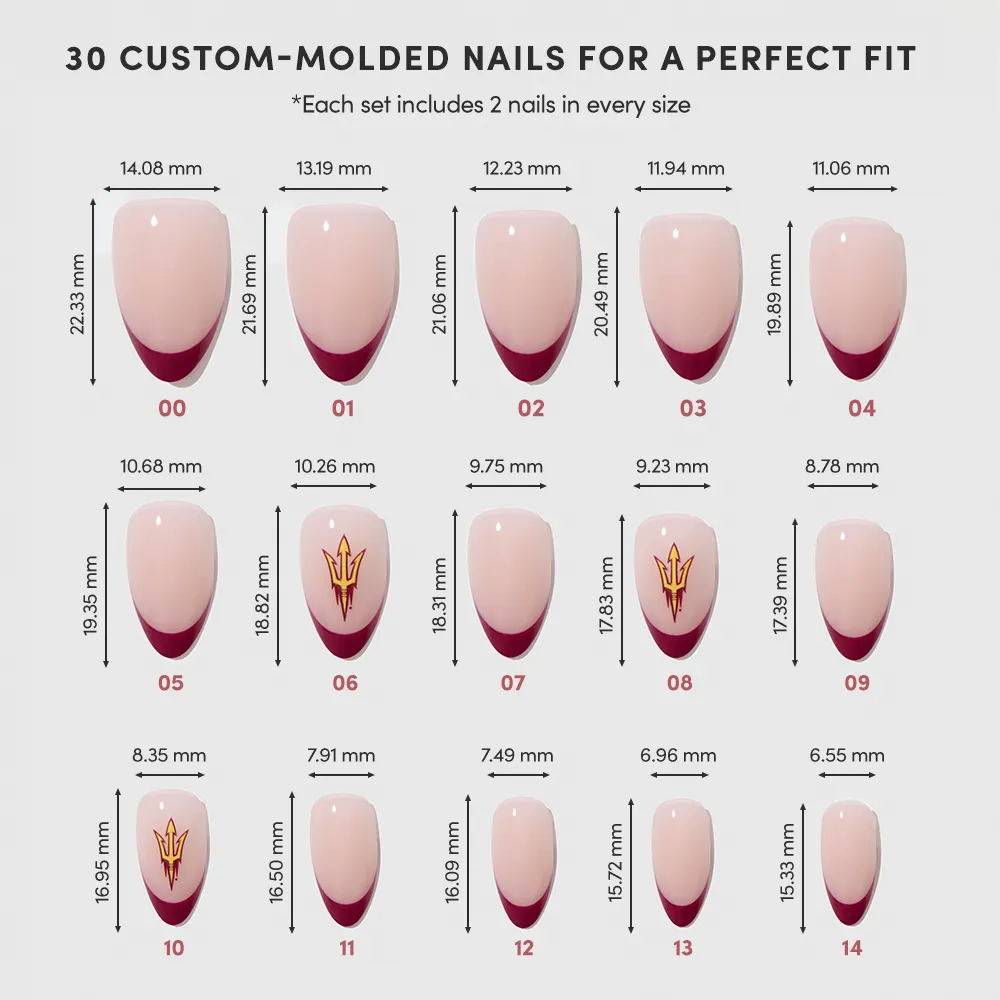 The glamnetic Arizona State Sun Devils Press-On Nail Set features 15 salon-quality sizes, each displayed with millimeter dimensions. Some nails have maroon French tips or gold trident designs, with two of each size included per set. - Product image