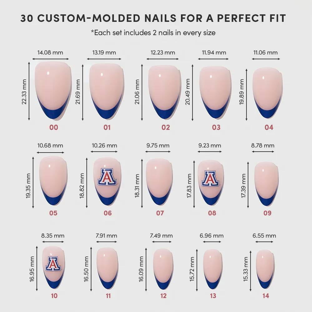 The glamnetic Arizona Wildcats Press-On Nail Set includes 30 salon-quality nails in assorted sizes, each labeled with measurements. Designs feature navy French tips, blue tips, and the University of Arizona "A" logo—perfect for Wildcats fans. - Product image