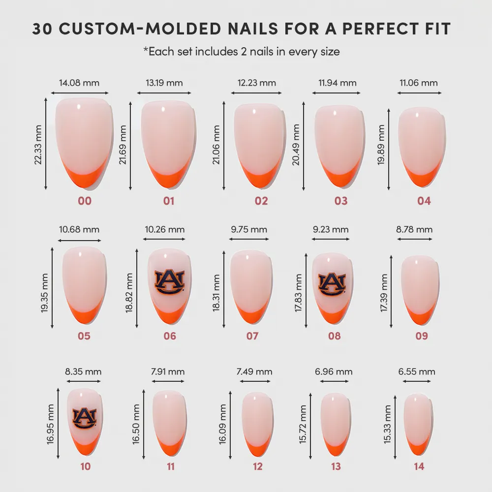 A chart shows glamnetic's Auburn Tigers Press-On Nail Set in 15 sizes with orange French tips and select nails featuring the team logo. Each nail displays exact width and length in millimeters. - Product image