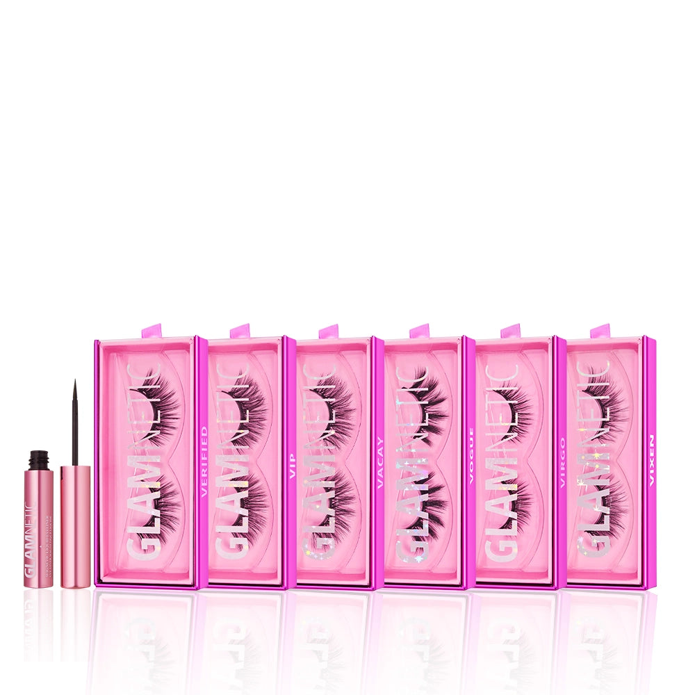 Six pink glamnetic Ultimate Lash Wardrobe boxes are lined up side by side, each showing a reusable pair of magnetic lashes, with an open pink tube of liquid eyeliner in front. - Product image