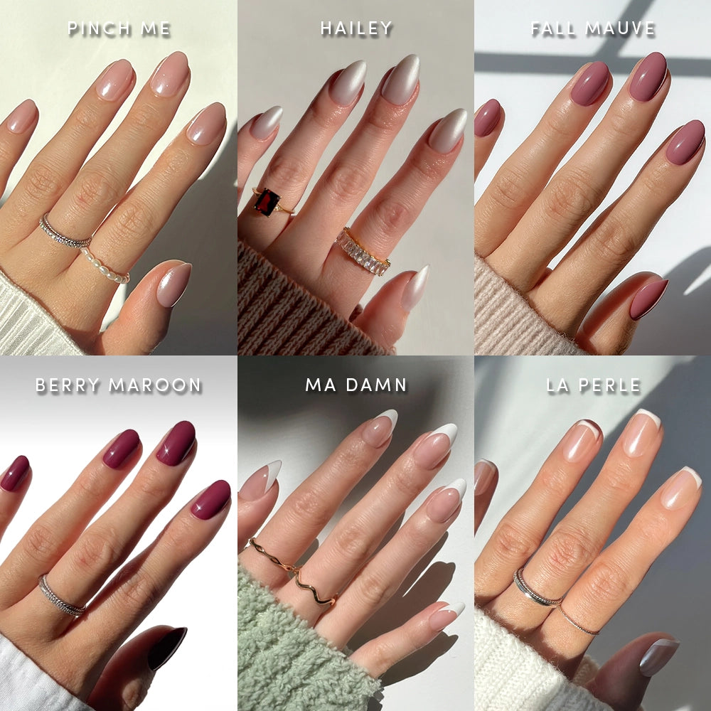 Six manicured hands feature salon-quality manis and trending nail designs from glamnetic, including Clean Slate—a chic and modern look—alongside other stunning styles.