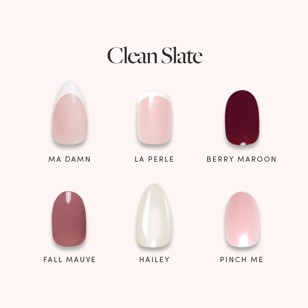 Six glamnetic nail polish swatches—Ma Damn, La Perle, Berry Maroon, Fall Mauve, Hailey, and Pinch Me—are shown under the Clean Slate collection, perfect for salon-quality manis or chic French tips.