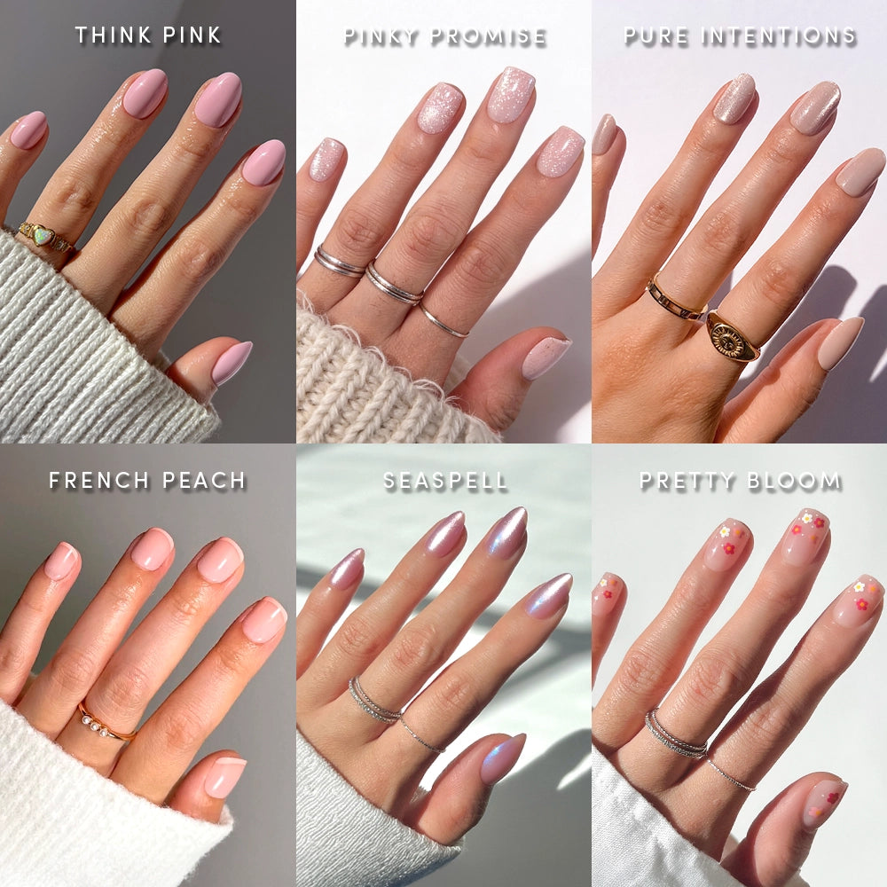 Six manicured hands show off glamnetic’s Pink Intentions salon-quality nails in diverse colors and designs, including Think Pink, Pinky Promise, Pure Intentions, French Peach, Seaspell, and Pretty Bloom. Each features unique backgrounds and jewelry.