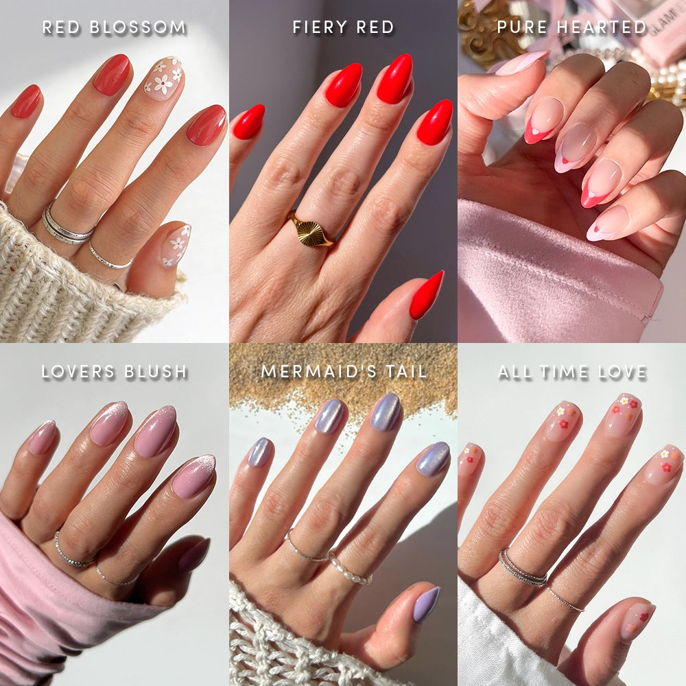 A collage of six salon-quality manis by glamnetic—Romantic Resolutions—featuring Red Blossom, Fiery Red, Pure Hearted, Lovers Blush, Mermaid’s Tail, and All Time Love: the perfect press-on nails for every style.