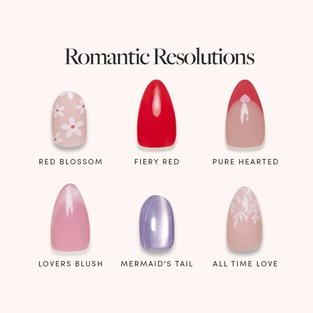 Glamnetic’s Romantic Resolutions features six salon-quality press-on nails with romantic designs: Red Blossom, Fiery Red, Pure Hearted, Lovers Blush, Mermaids Tail, and All Time Love.