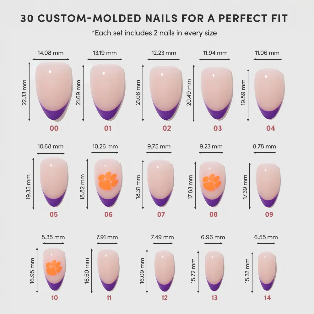 A chart displays 15 sizes of glamnetic’s Clemson Tigers Press-On Nail Set, each labeled 01–15 with millimeter dimensions. The nails have a nude base, purple tips, and some feature orange paw prints. - Product image