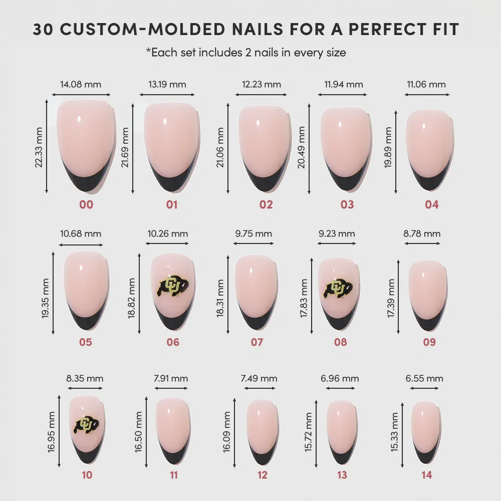 The glamnetic Colorado Buffaloes Press-On Nail Set features 15 custom-molded black French tip nails, each with size numbers and precise millimeter measurements, ranging from the largest (01) to the smallest (15). - Product image