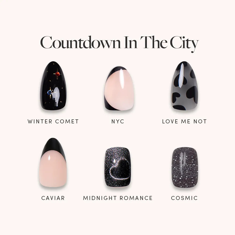 Six artificial nail designs from glamnetic’s Countdown in the City Bundle on a light background, showing styles like black with stars, nude with black spots, and glittery nails—perfect for your New Year's or bold black nail look.