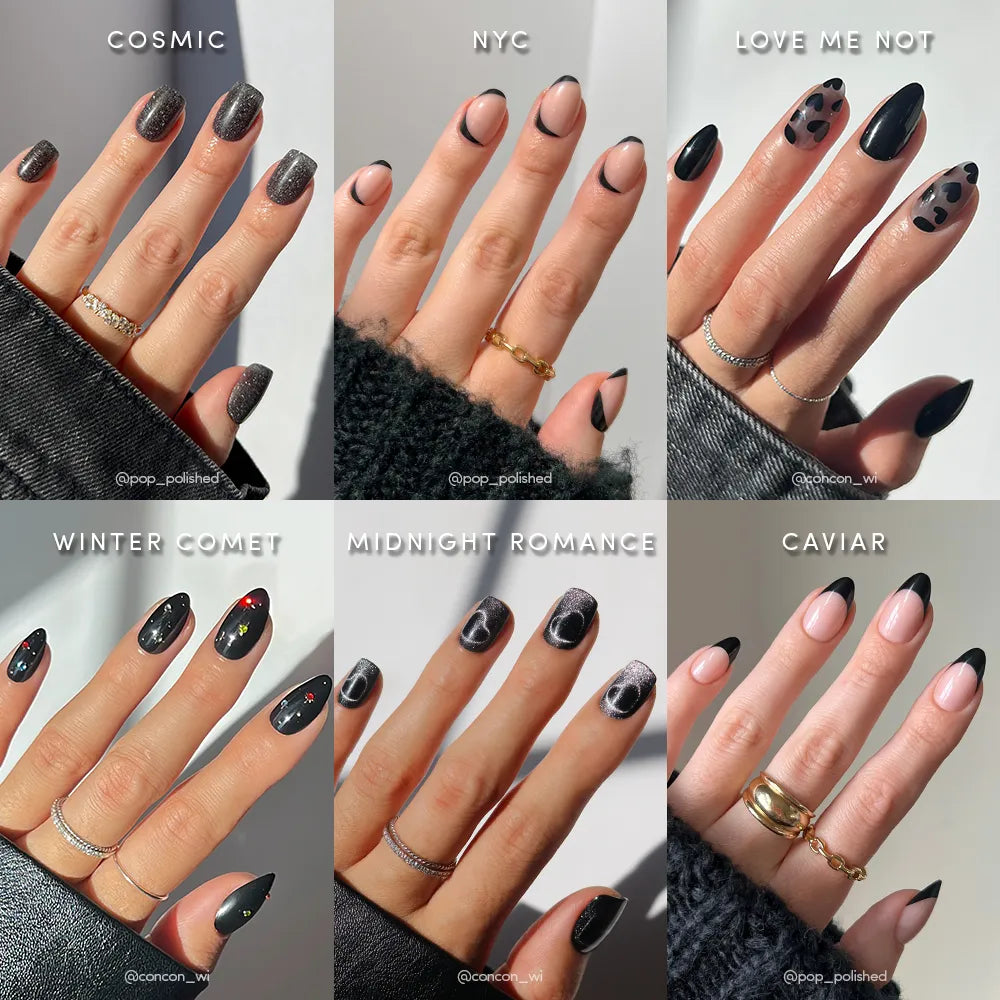 A collage of six manicured hands showcases glamnetic’s Countdown in the City Bundle, featuring unique black and glittery nail designs labeled: Cosmic, NYC, Love Me Not, Winter Comet, Midnight Romance, and Caviar.