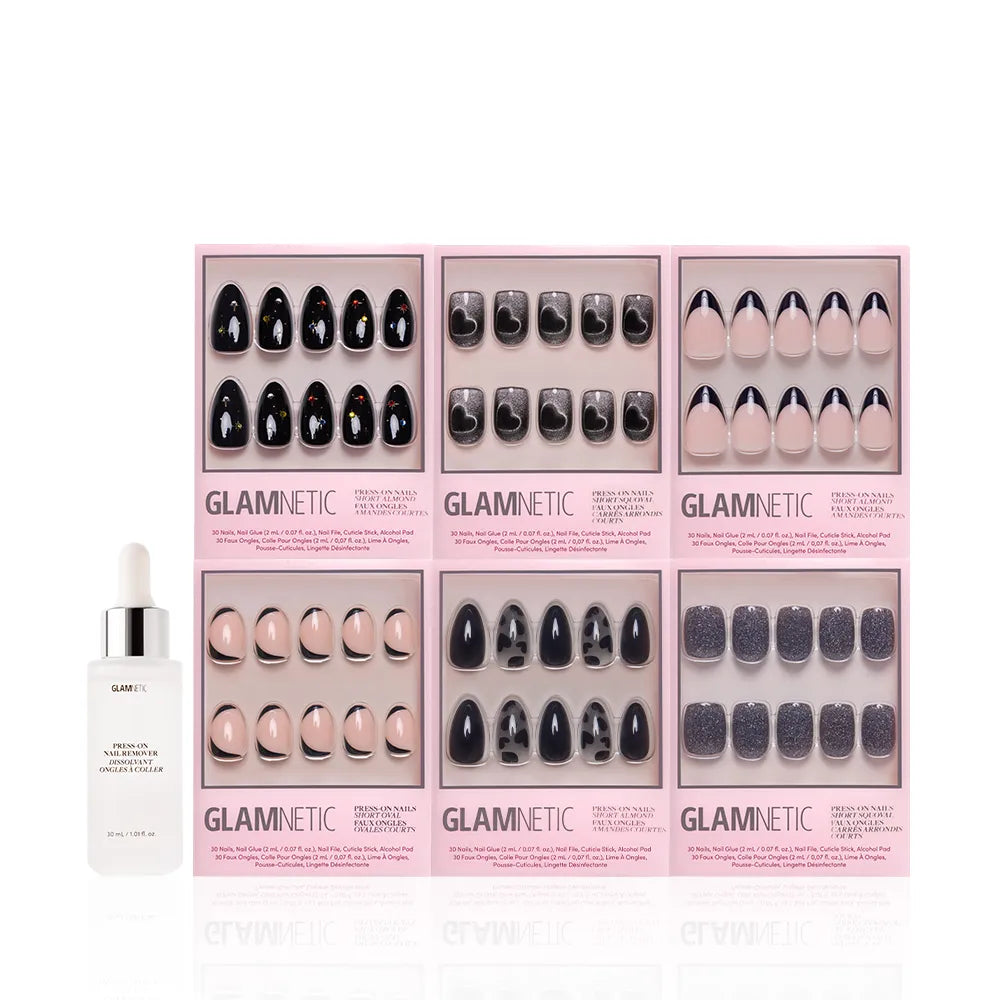 Six boxes of glamnetic press-on nails from the Countdown in the City Bundle, featuring black, nude, and glittery designs, are arranged in two rows with a white glamnetic dropper bottle in front—perfect for New Year's celebrations. - Product image