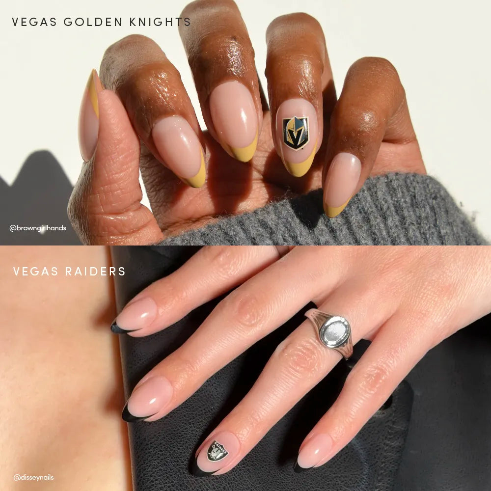 Two hands wear glamnetic's Las Vegas All-Stars: the top shows nude almond nails with gold tips and Vegas Golden Knights press-ons; the bottom has nude nails with black tips and a Vegas Raiders logo accent.