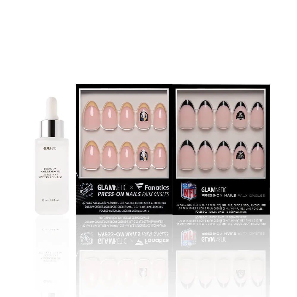 A white dropper bottle and two boxes of glamnetic Las Vegas All-Stars nail sets are shown. The pink press-on nails display NFL and football team logos, including the Raiders, in gold and black bordered packaging. - Product image