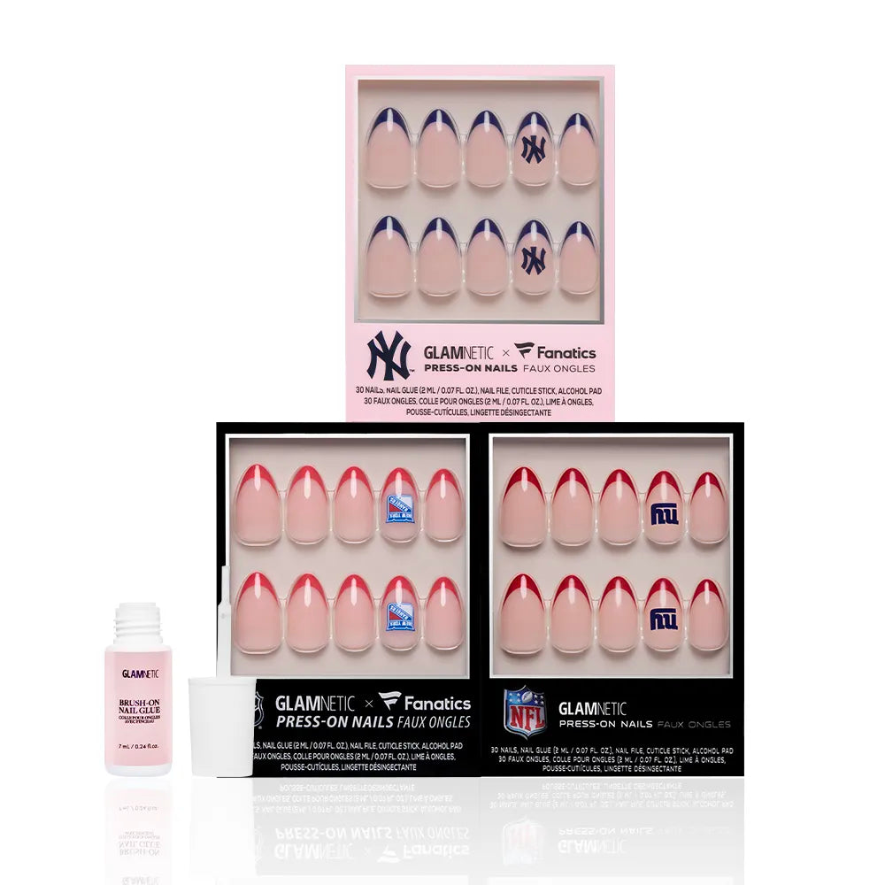 Glamnetic's New York All-Stars includes three football-themed press-on nail sets with team colors and logos, featuring officially licensed designs for the New York Yankees and New York Giants, plus a small bottle of nail glue. - Product image