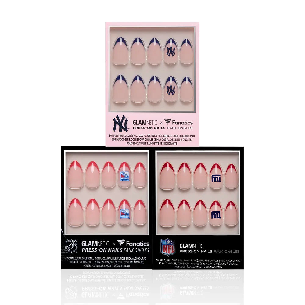 Glamnetic’s New York All-Stars press-on nail sets feature officially licensed blue, red, and pink French tips with New York Yankees and Giants logos—perfect for showing team spirit in style. - Product image