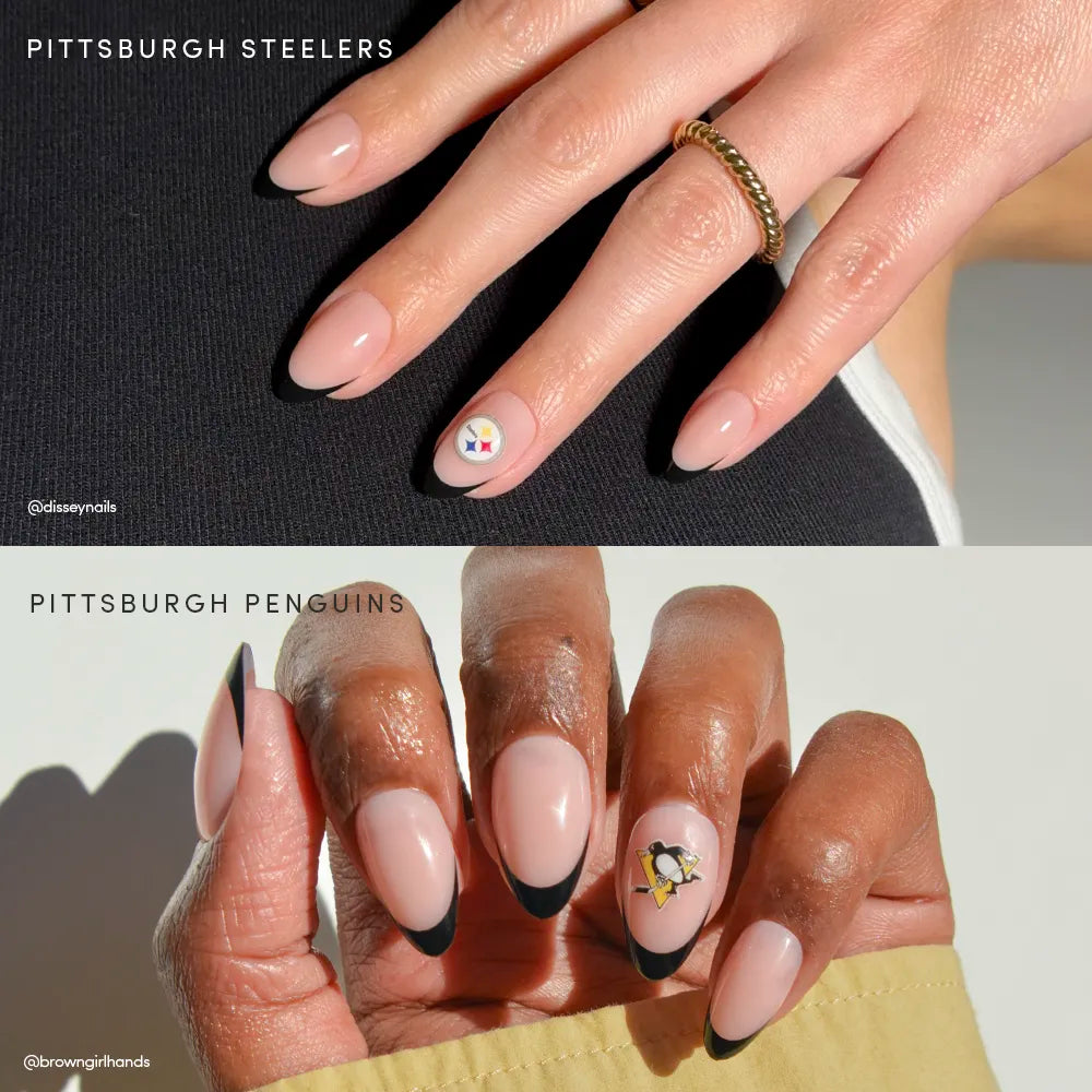 Two images of manicured hands with glamnetic's Pittsburgh All-Stars: the first shows light pink nails with a Steelers accent; the second features similar nails with black tips and a Penguins accent.