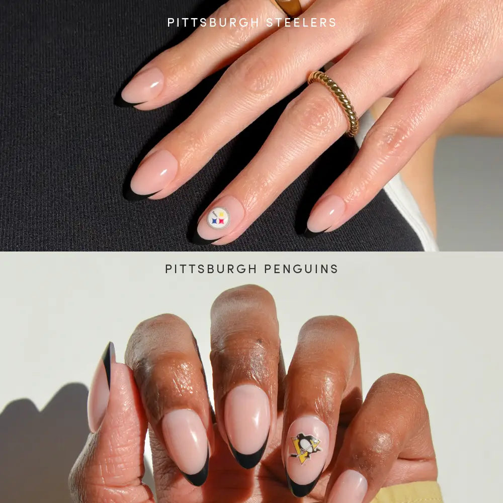 Two images of manicured hands with glamnetic's Pittsburgh All-Stars: the first shows light pink nails with a Steelers accent; the second features similar nails with black tips and a Penguins accent. - Product image