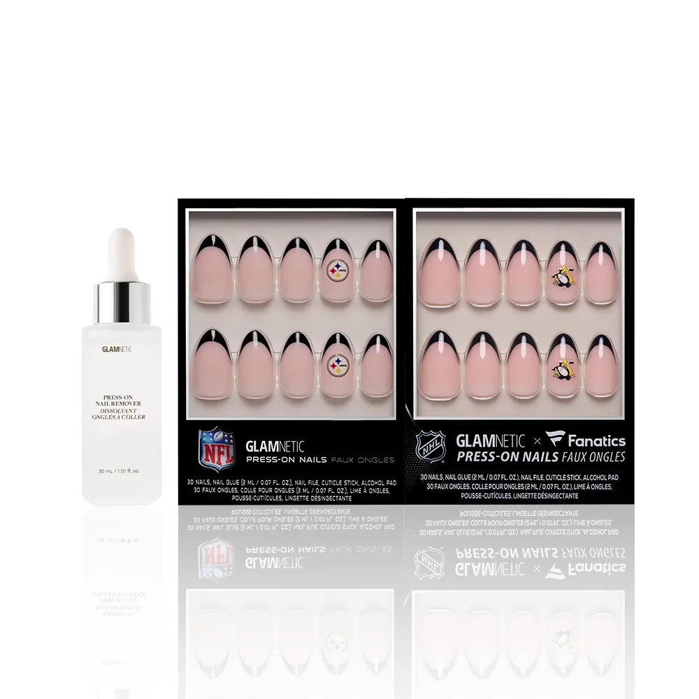 Two boxes of glamnetic Pittsburgh All-Stars NFL press-on nails with team logos and black tips, plus a small dropper bottle of nail glue, all arranged on a white reflective surface. - Product image