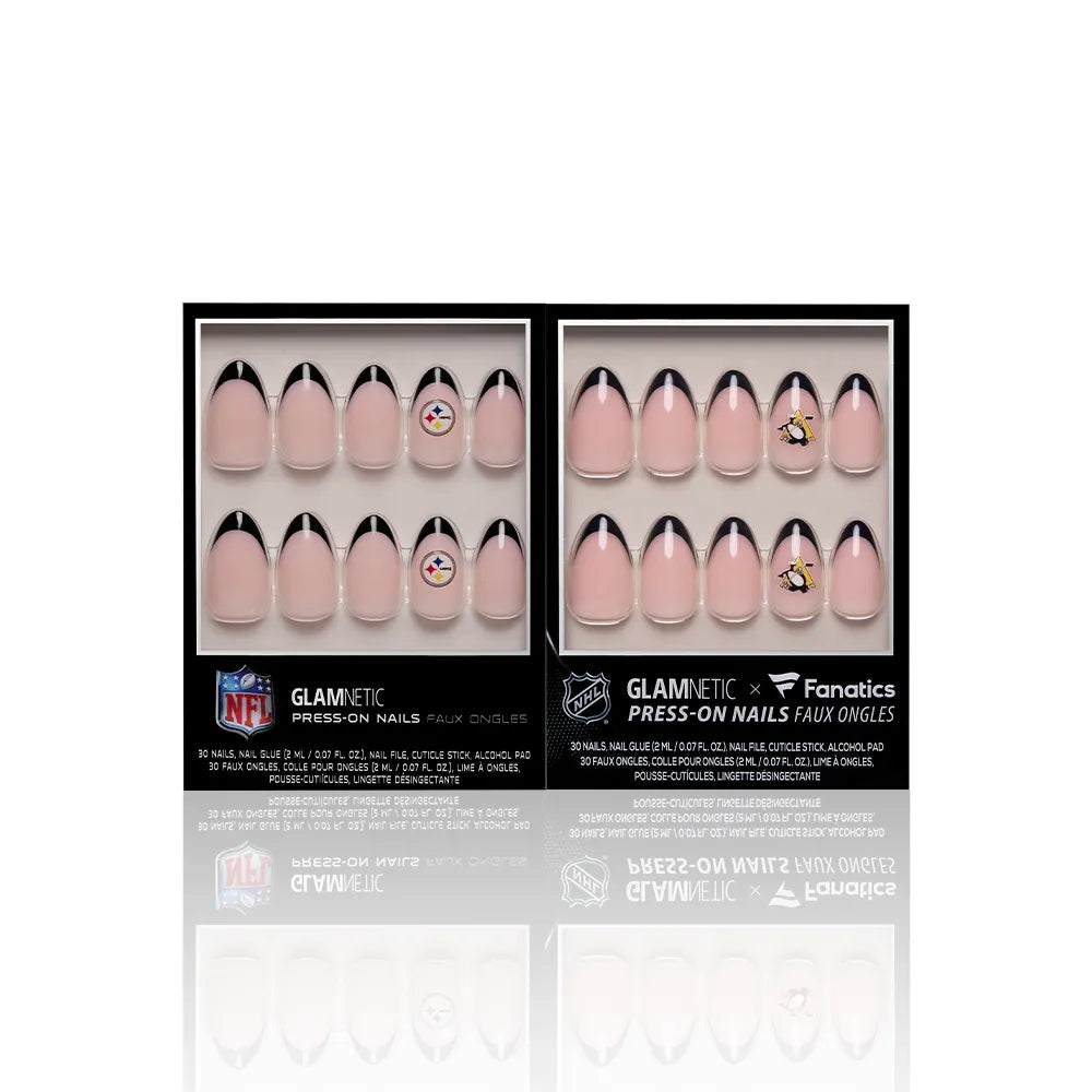 Two boxes of glamnetic Pittsburgh All-Stars press-on nails feature black French tips and Steelers logos on select nails, displayed upright against a white background. These officially licensed sets are perfect for showing Steelers pride. - Product image