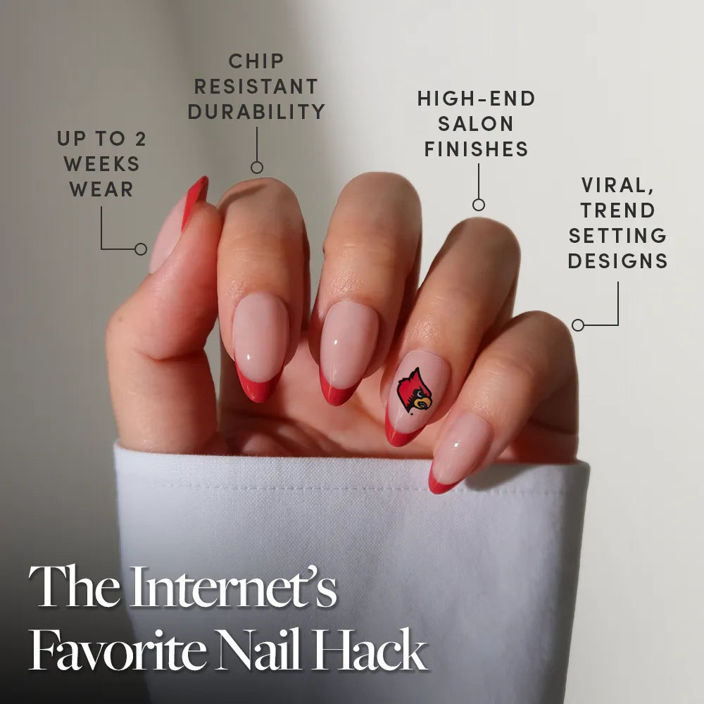 Show off your team spirit with the glamnetic University of Louisville Cardinals Press-On Nail Set—long almond nails with red French tips, cartoon accents, and team logo. Chip-resistant, trendy designs last up to 2 weeks!. - Product image