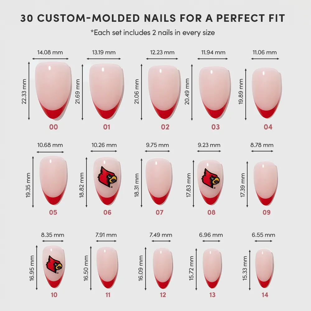 The glamnetic University of Louisville Cardinals Press-On Nail Set features 15 sizes (00–14) with measurements, red tip or team logo designs. Each officially licensed set includes 2 nails per size for a custom fan manicure. - Product image