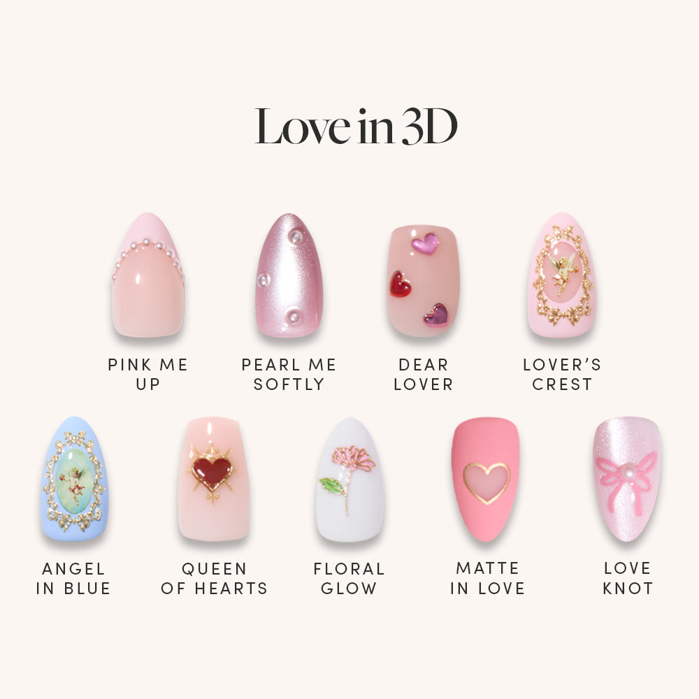 Love in 3D by glamnetic features nine almond artificial nails with romantic 3D art—pearls, hearts, flowers, and bows in pastel pink, blue, and gold. Each set is uniquely named: Pink Me Up, Dear Lover, and Angel in Blue.
