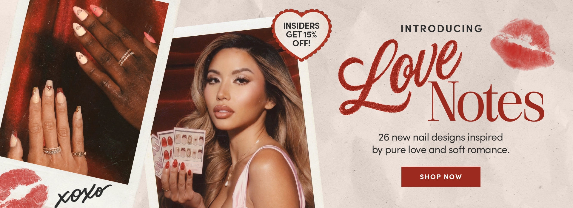 Love Notes homepage banner introducing Glamnetic press-on nail collection with 26 new designs inspired by pure love and soft romance, featuring an Insiders 15% off callout1