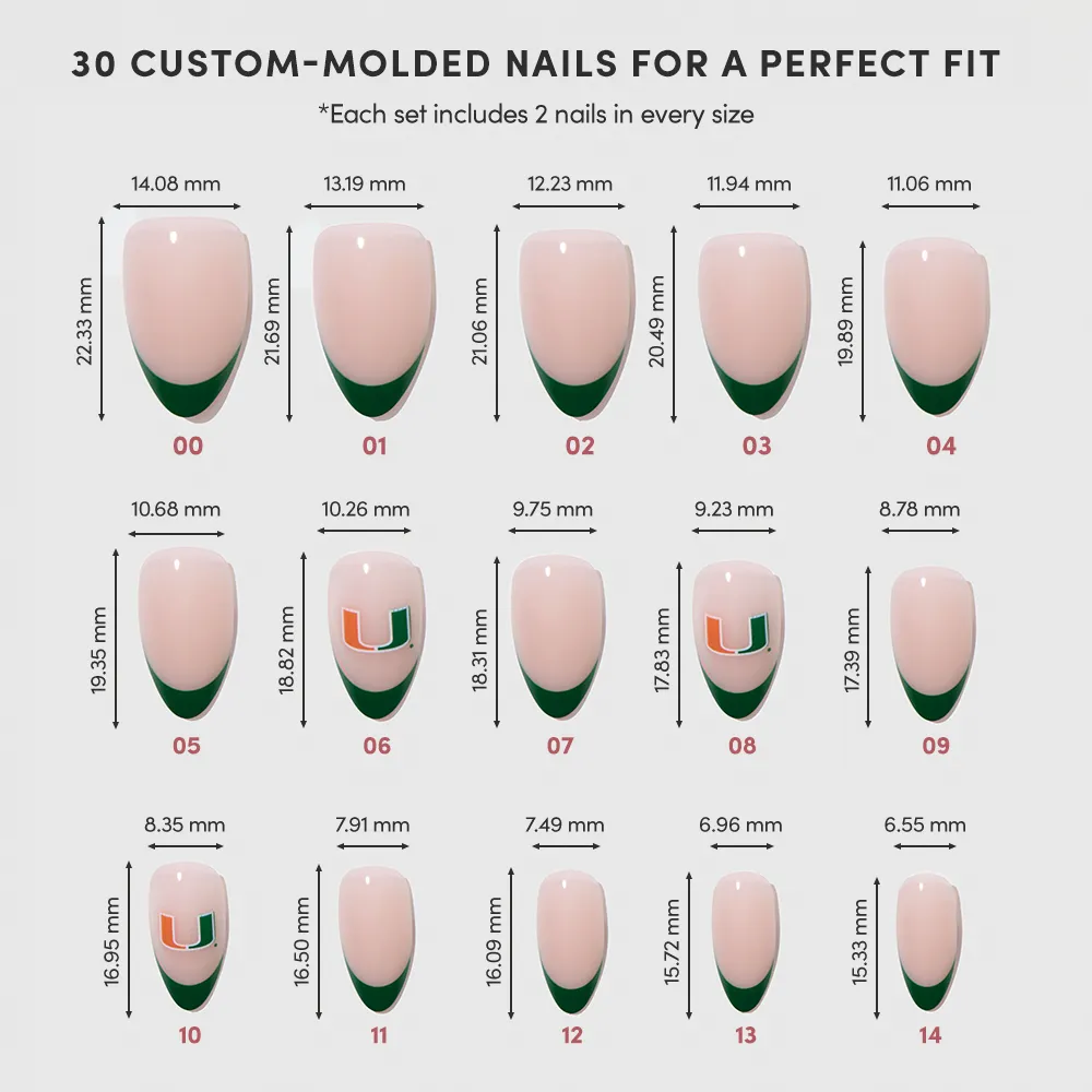 A chart displays 15 sizes of glamnetic Miami Hurricanes Press-On Nails, each labeled with size numbers and precise millimeter dimensions. Some feature green French tips or salon-quality green and orange "U" team logo designs. - Product image