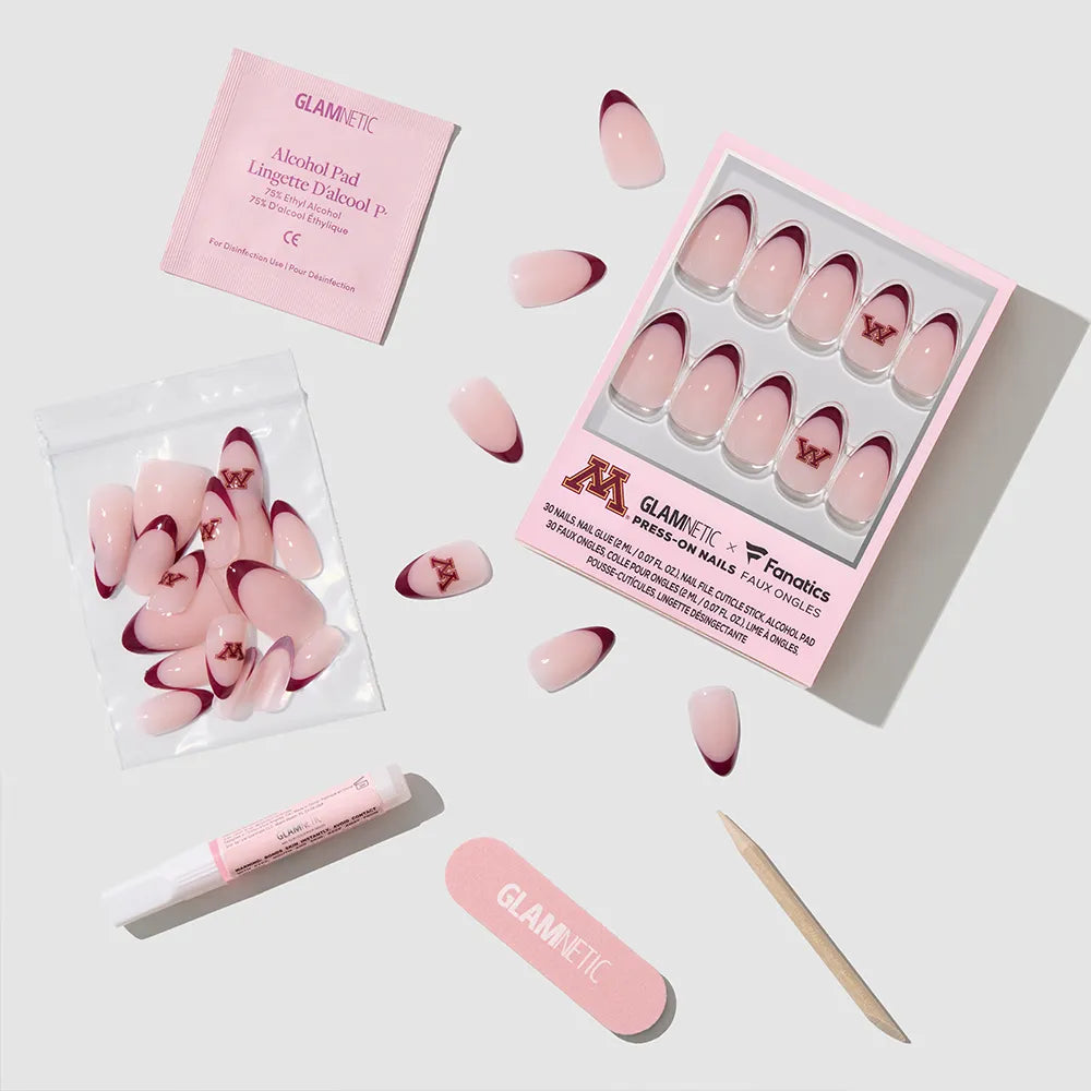 The glamnetic Minnesota Golden Gophers Press-On Nail Set features maroon tips and the University logo, perfect for game-day. Includes nail glue, file, cuticle stick, alcohol pad, and extra nails—everything you need for an easy manicure. - Product image