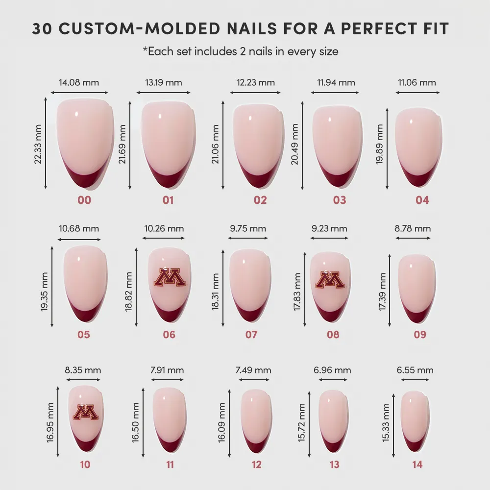 A chart shows the glamnetic Minnesota Golden Gophers Press-On Nail Set in 15 sizes (00–14), each natural pink with maroon tip, and displays their width and length in millimeters below each nail. - Product image