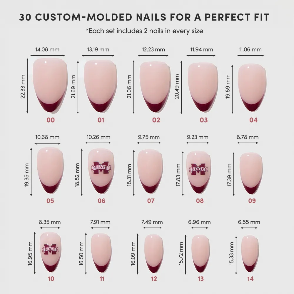 The glamnetic Mississippi State Bulldogs Press-On Nail Set includes 15 custom-molded, numbered nails with millimeter sizes. Each pink nail features maroon French tips in descending size—ideal for fans wanting team-inspired nails. - Product image