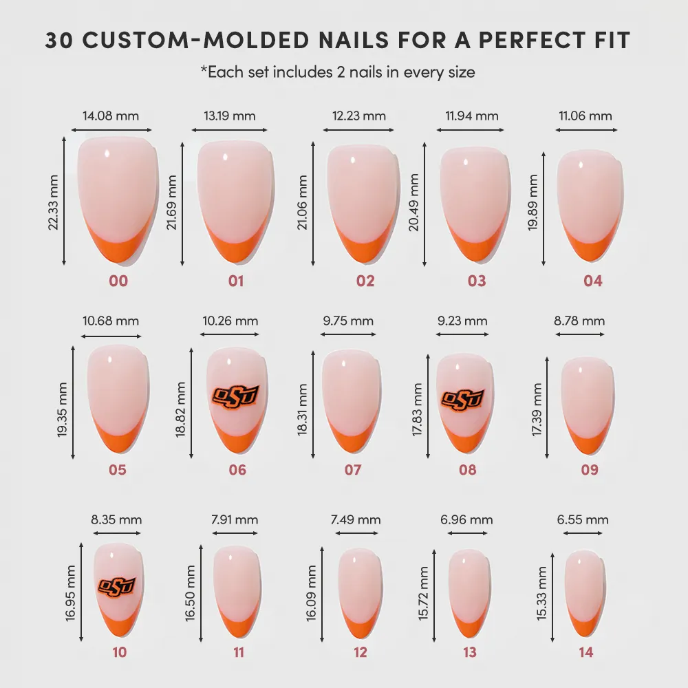 The glamnetic Oklahoma State Cowboys Press-On Nail Set includes 15 custom-molded sizes (labeled 01–15 in mm) with peach nails, orange tips, and OSU logos on sizes 07, 08, and 09—ideal for game day or Oklahoma State fans. - Product image