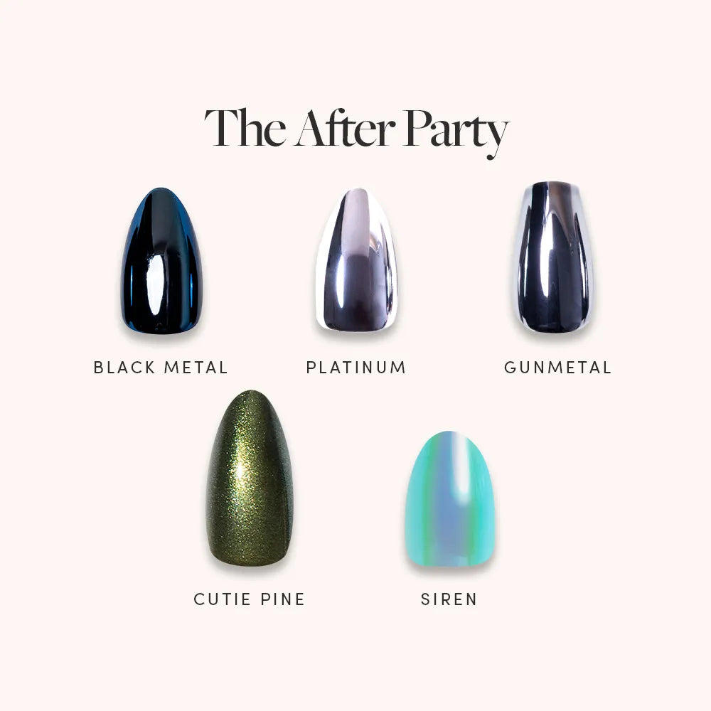 The After Party Bundle by glamnetic features five sparkle nails in metallic chrome: shiny black, silvery platinum, metallic gray gunmetal, shimmery green, and iridescent aqua blue. Text reads “The After Party.”.