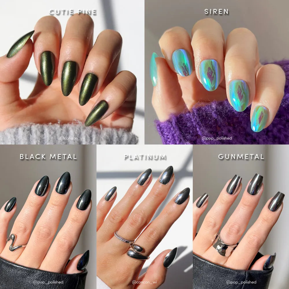 The After Party Bundle by glamnetic features five chrome press-on nails—green (Cutie Pine), blue holographic (Siren), black (Black Metal), silver (Platinum), and gray (Gunmetal)—for sparkling New Year’s nails.