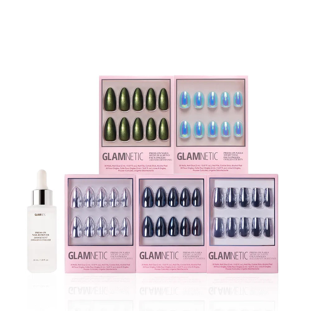 Five boxes of glamnetic The After Party Bundle press-on nails are arranged in two rows, featuring holographic and metallic chrome designs, with a Nail Glue dropper bottle placed to the left of the boxes. - Product image