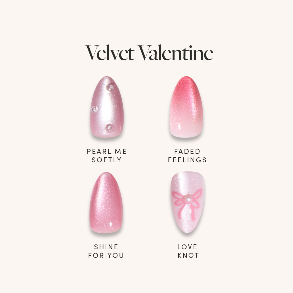 Glamnetic’s Velvet Valentine set features four short almond blush nails: Pearl Me Softly (pearl accents), Faded Feelings (pink gradient), Shine For You (shimmery pink), and Love Knot (pink bow)—perfect for Valentine’s Day. - Product image