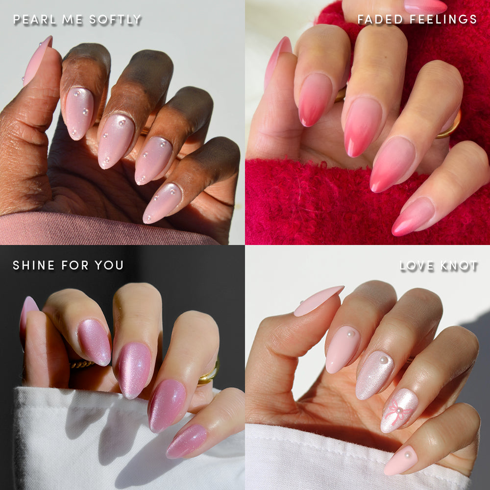 A collage of four manicured hands in soft pink tones showcases glamnetic’s Velvet Valentine blush nail designs, each labeled and highlighting glossy, decorated, short almond sets. - Product image