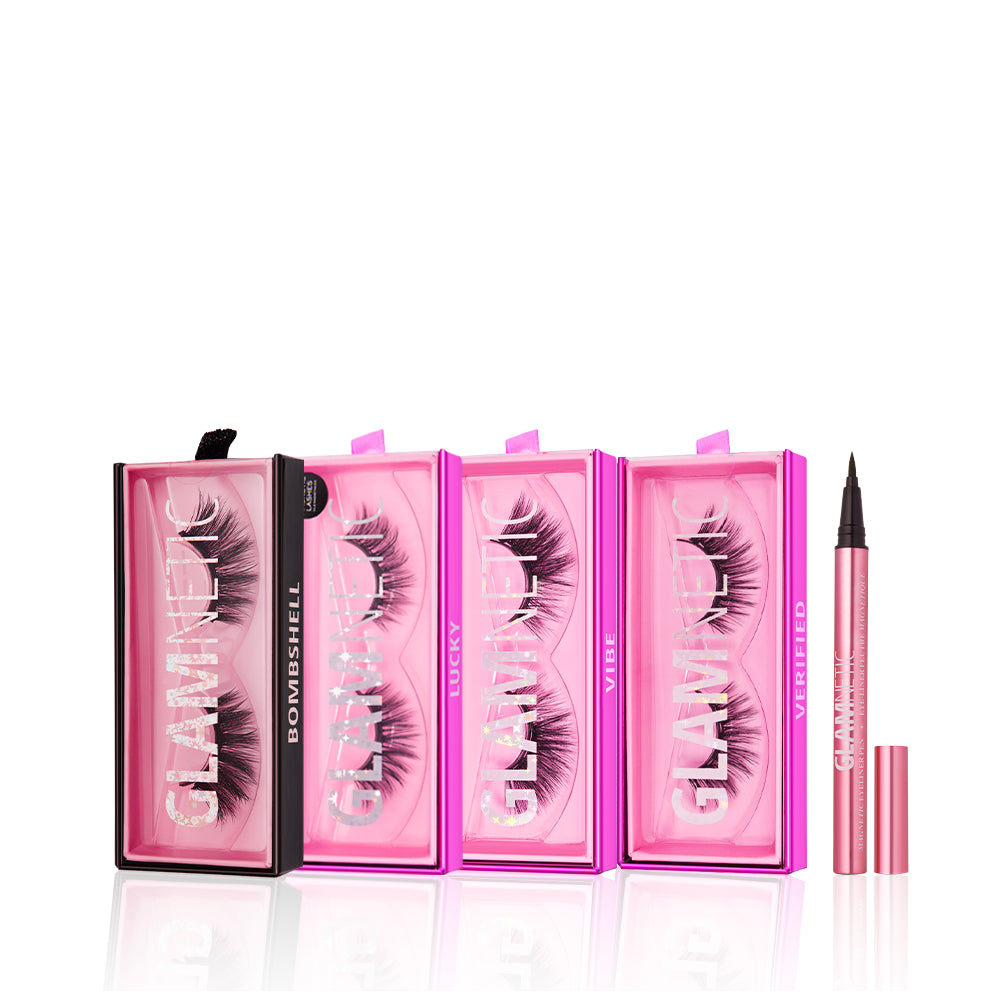 The glamnetic Viral at Midnight Bundle includes three pink boxes of false lashes—Bombshell, Lucky, and Vibe—plus a rose gold tube of precise felt-tip Glamnetic eyeliner for dramatic lash looks. - Product image