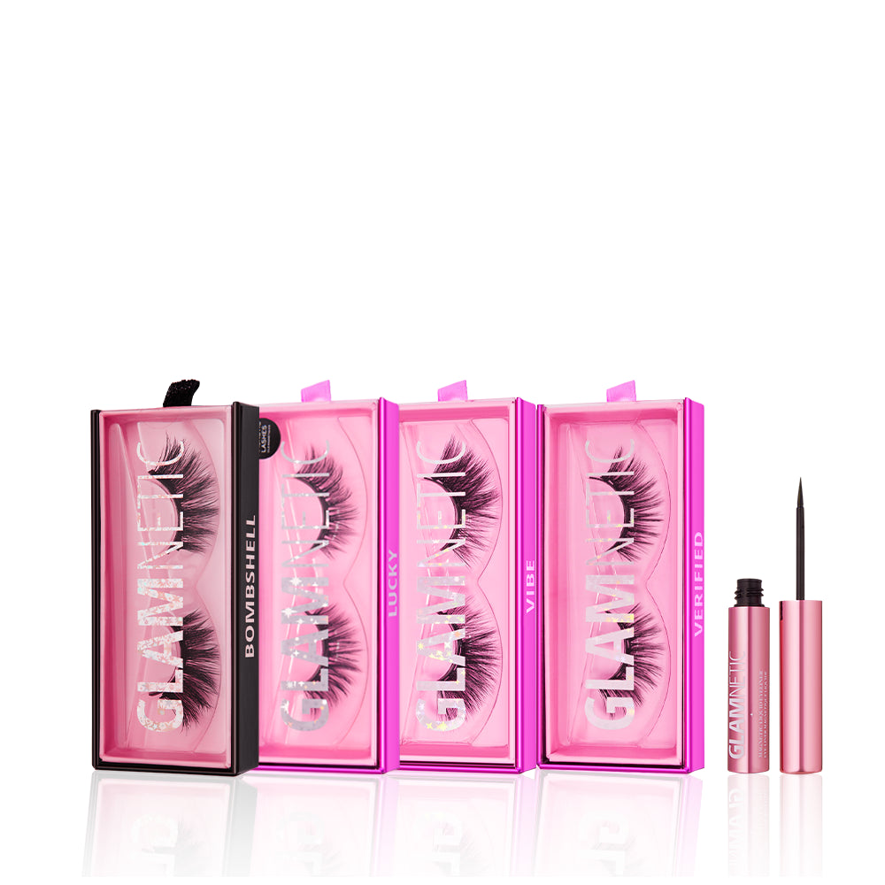 The glamnetic Viral at Midnight Bundle features four pairs of dramatic lashes—Bombshell, Lucky, Vibe, and Verified—in pink and black boxes alongside an open pink tube of liquid eyeliner for the perfect lash look. - Product image