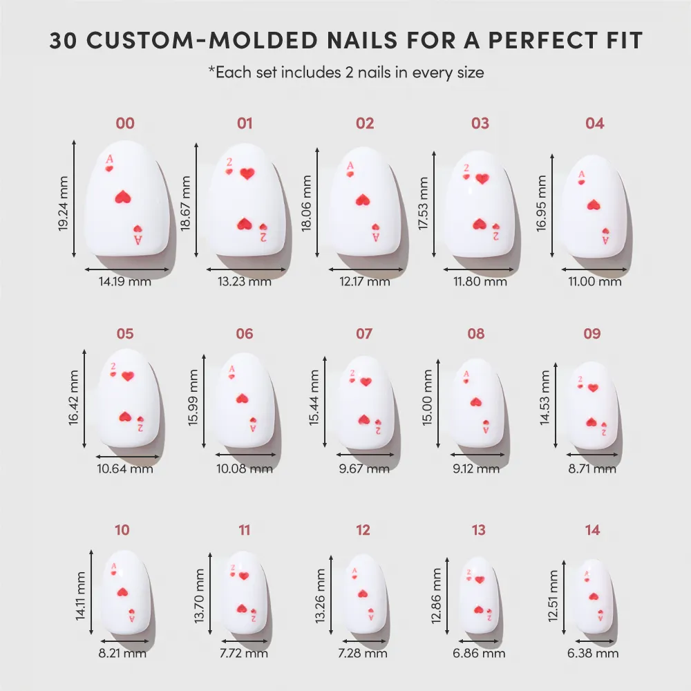 A chart displays 15 oval Glamnetic "Ace of Hearts" press-on nail sizes, each labeled with height and width in millimeters. The white nails feature small red playing card suit accents, resembling ace of hearts designs. - Product image