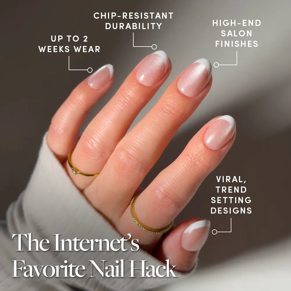 A hand with a soft pink and white “Angelic Touch” manicure by glamnetic is shown, highlighting up to 2 weeks wear, chip-resistant durability, salon-quality finish, and viral nude velvet nail trends. Text reads: The Internet’s Favorite Nail Hack. - Product image