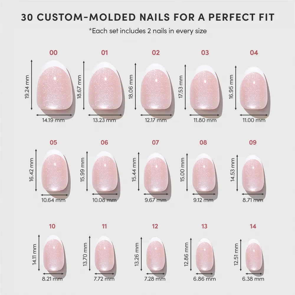 A chart displays 15 sizes of glamnetic’s Angelic Touch pink, glittery press-on nails (00–14), ideal for a short oval mani or nude velvet look, with each nail’s length and width in millimeters shown below. - Product image