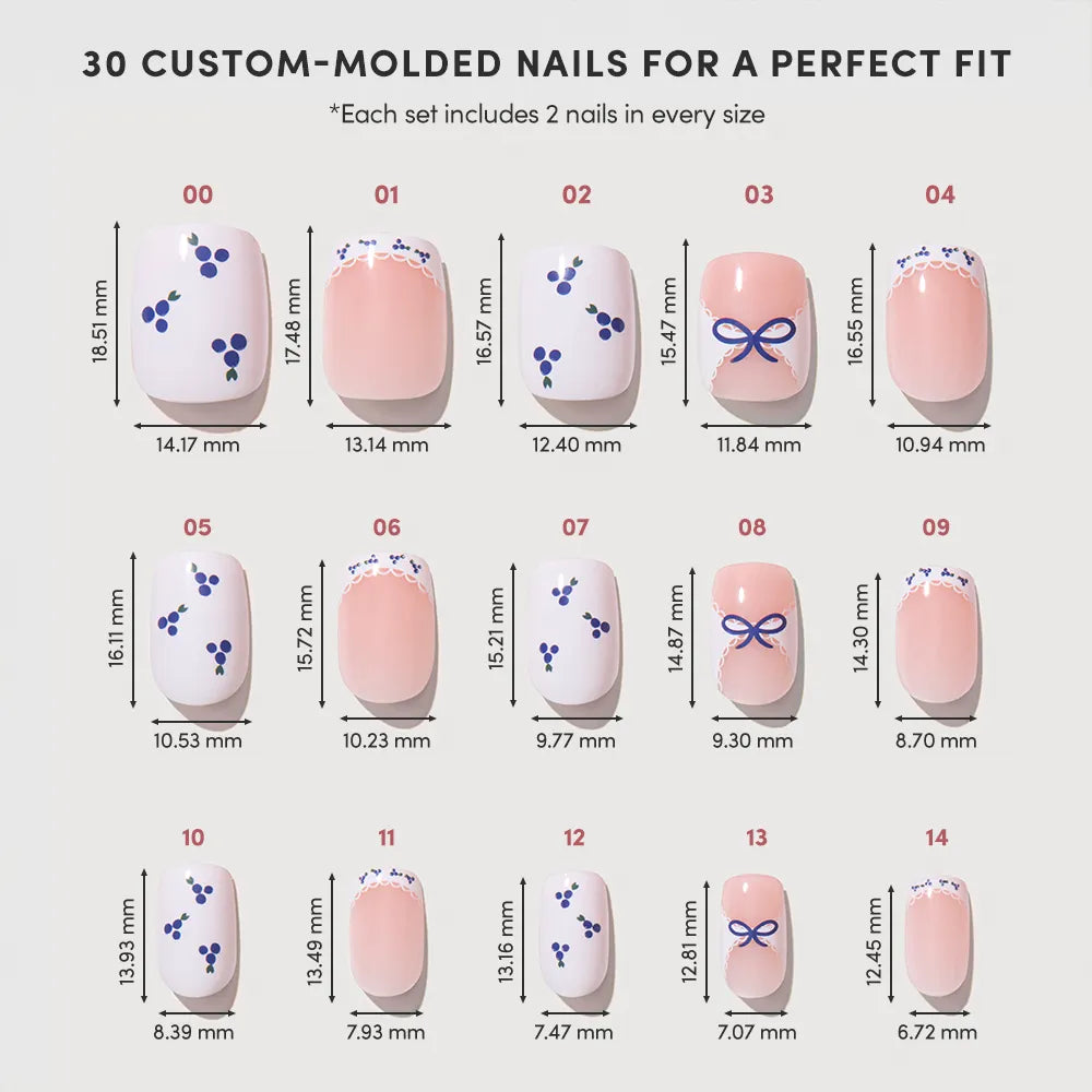 Explore various press-on nail sizes from glamnetic's Blue A Kiss collection, offering classic squoval shapes and chic blueberry-inspired designs. - Product image