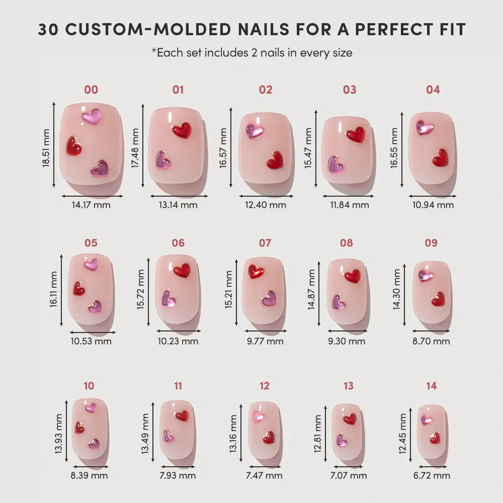 The Dear Lover set by glamnetic includes 15 short squoval press-on nails with a glossy nude base and red and pink 3D gemstone hearts. Width and length measurements are shown under each nail for easy sizing. - Product image
