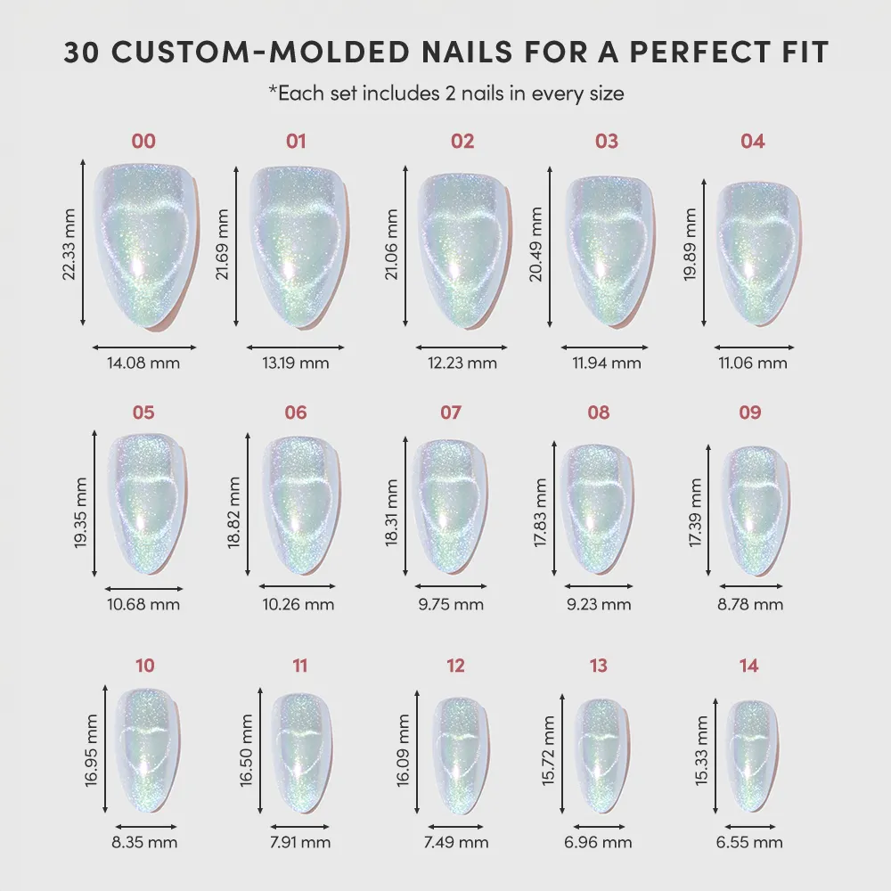 A chart displays 15 sizes of glamnetic Electric Lover holographic nails, each with width and length in mm. Each size includes two nails for a total of 30 custom-molded, iridescent fairy-core nails per set. - Product image