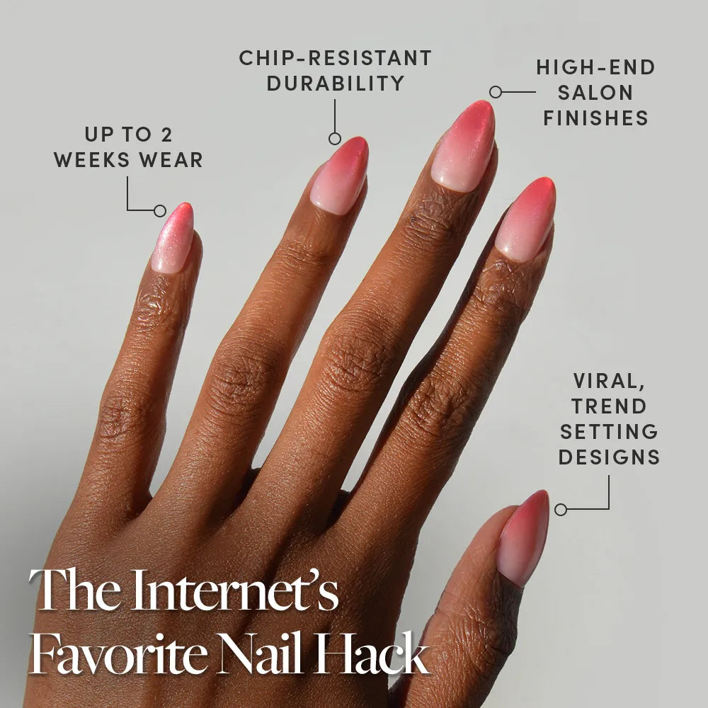 A hand with glamnetic Faded Feelings pink velvet ombré nails is shown, featuring chip-resistant durability, up to 2 weeks of wear, salon-quality finish, and trend-setting designs. Text reads: The Internet’s Favorite Nail Hack. - Product image