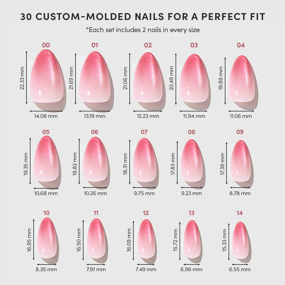 A chart shows 15 size options for glamnetic’s Faded Feelings pink almond press-on nails, each labeled with width and length in millimeters, for a set of 30 custom-molded artificial nails ensuring a perfect fit. - Product image
