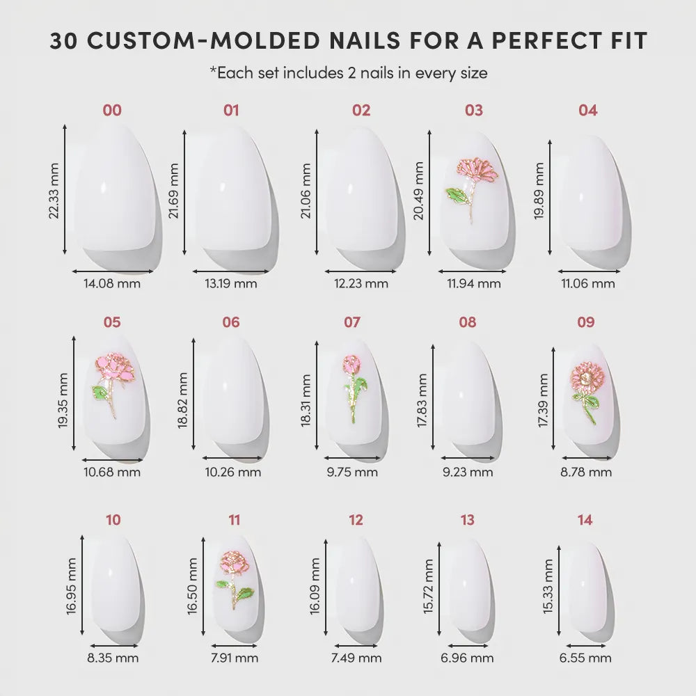 A glamnetic Floral Glow chart displays 15 custom-molded short almond nail sizes with numbered, millimeter measurements. Some nails have 3D rose Floral Glow patterns; others are plain. Each size includes 2 nails for a perfect fit. - Product image