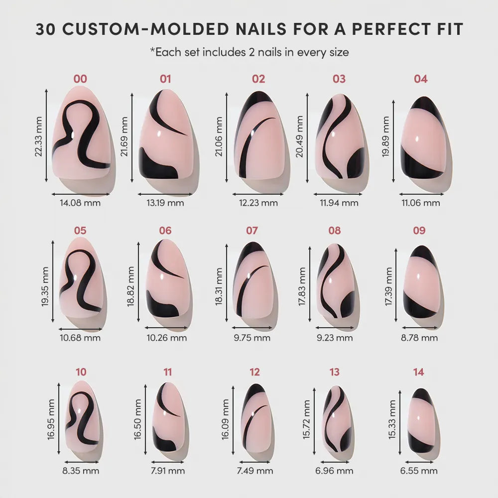 The "Ink Wave" press-on nails by glamnetic come in 15 custom-molded, short almond sizes. Each glossy nail has a black abstract minimalist design on a nude base and is labeled with its size number and millimeter dimensions. - Product image