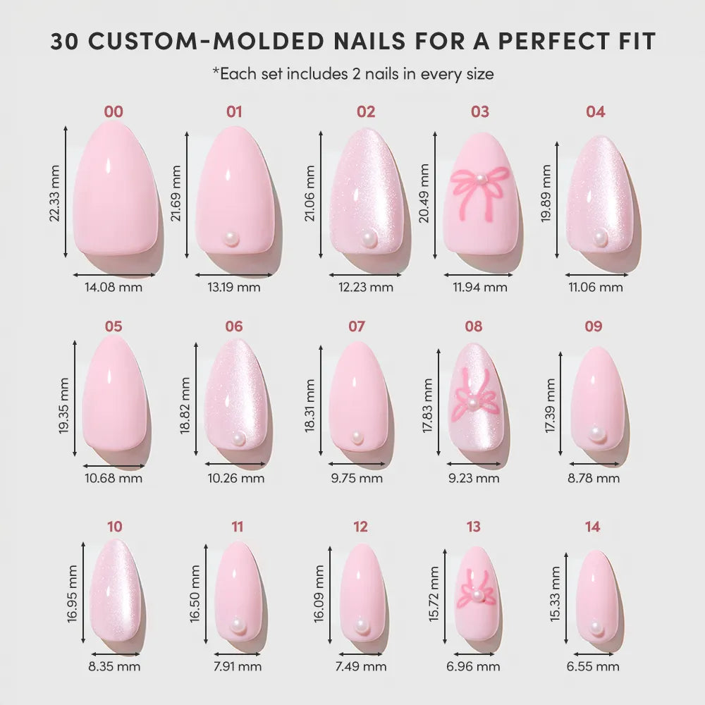 A chart displays 15 sizes of glamnetic’s Love Knot pink almond press ons, custom-molded with glossy soft-girl finish. Some feature 3D pearls or bows. Arranged in five rows by size and style for a perfect fit. - Product image