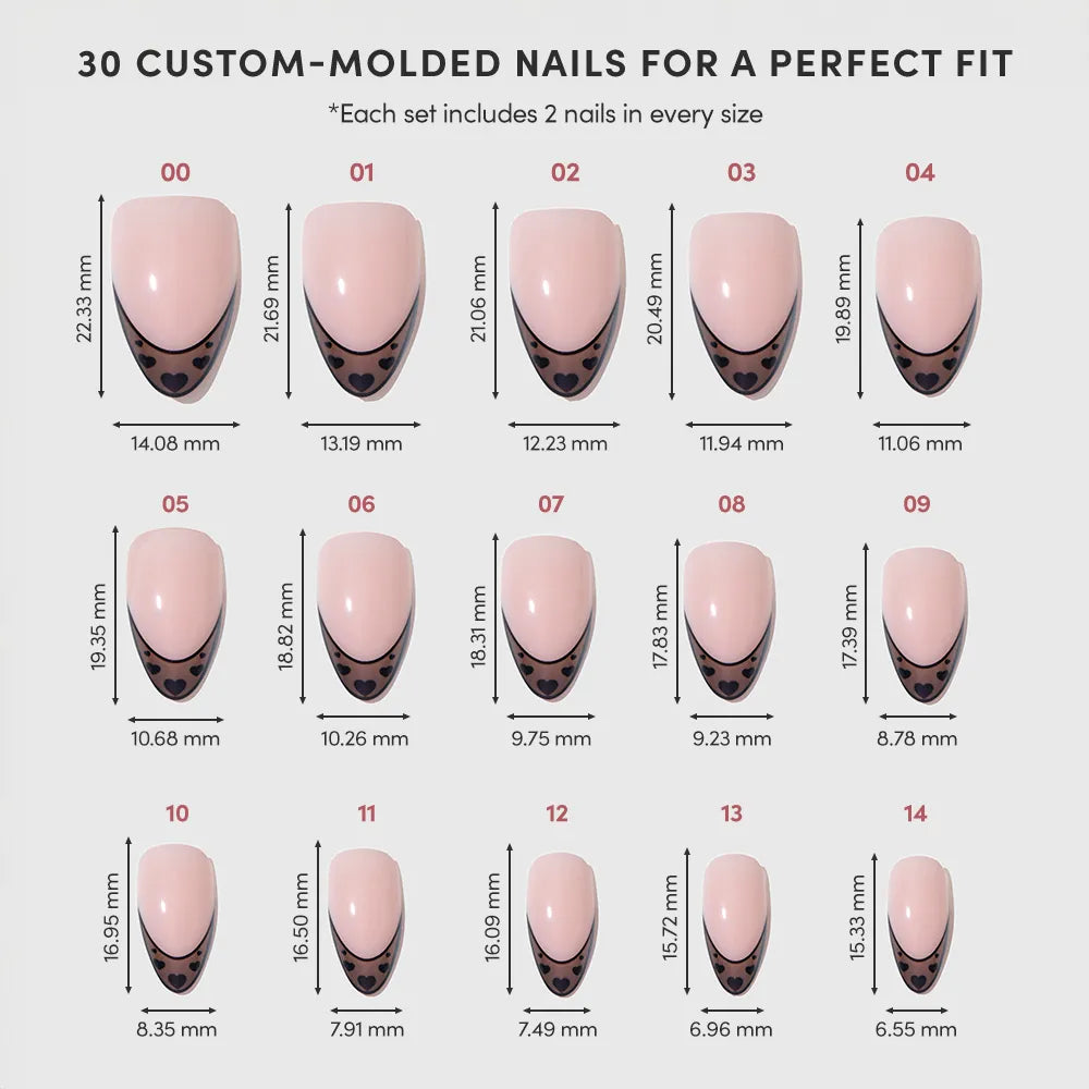 A chart shows 15 sizes of glamnetic Love Noir custom-molded short almond nails, each labeled with width and length in mm. The pink French tip nails have a black dotted detail, and each set includes 2 nails of every size. - Product image